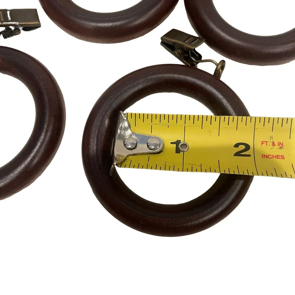 Vintage MCM Large Round Wooden Curtain Rod Drapery Rings Eye Hooks Lot of 13